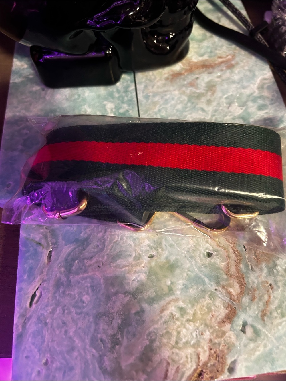 Green and Red Striped Guitar Bag Strap with Gold Hardware